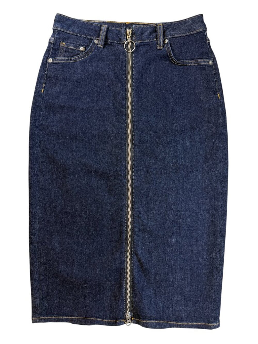 &Denim Dark Wash Denim Pencil Skirt 4 Blue Front Full Zip Midi Bodycon‎ Western